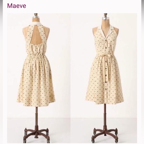 Anthropologie Cream Polka-Dot Midi Dress with Tie Waist - Picture 2 of 4
